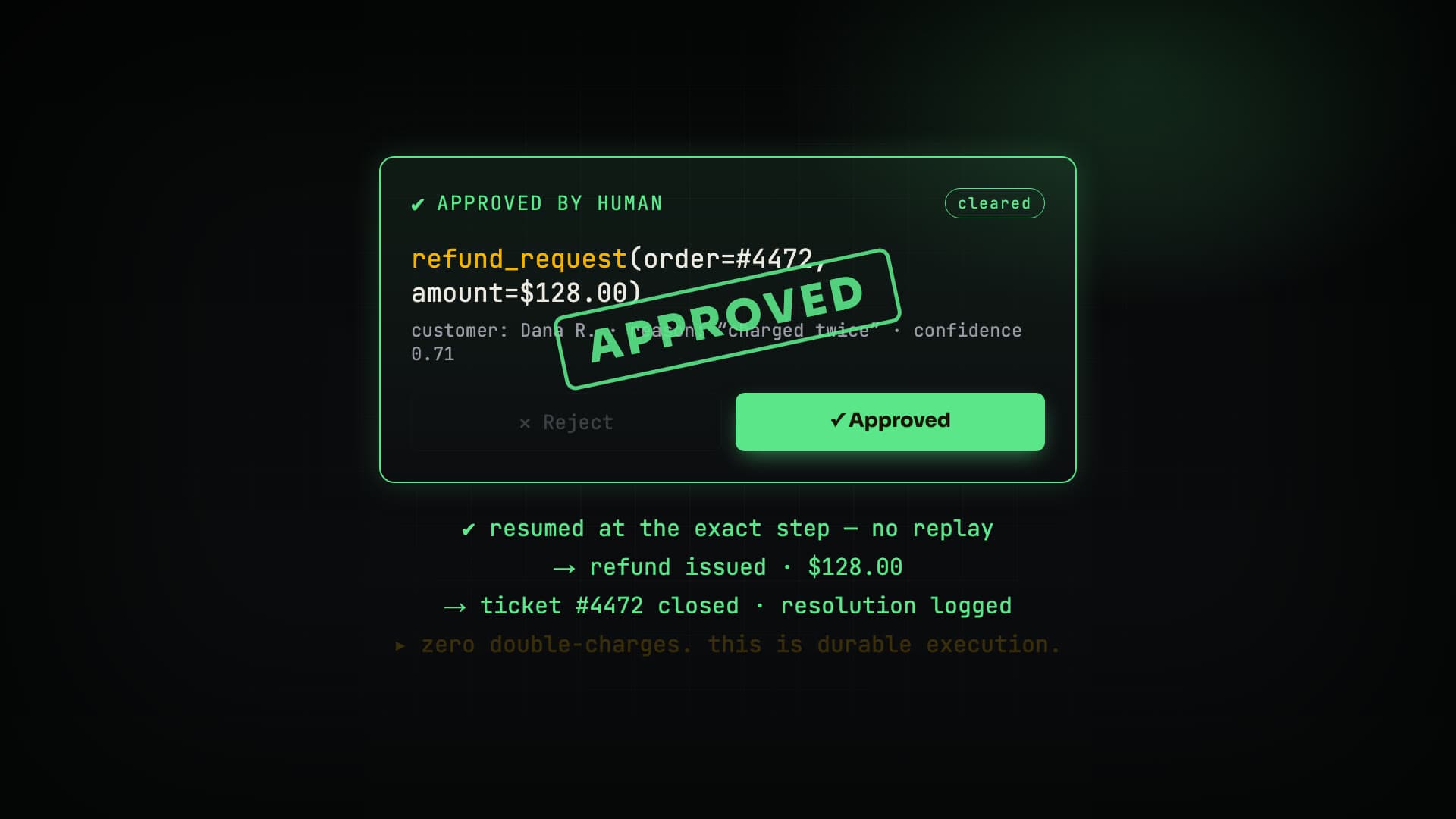 agentFast demo — an AI support agent survives a process crash mid-transaction and resumes from the exact step